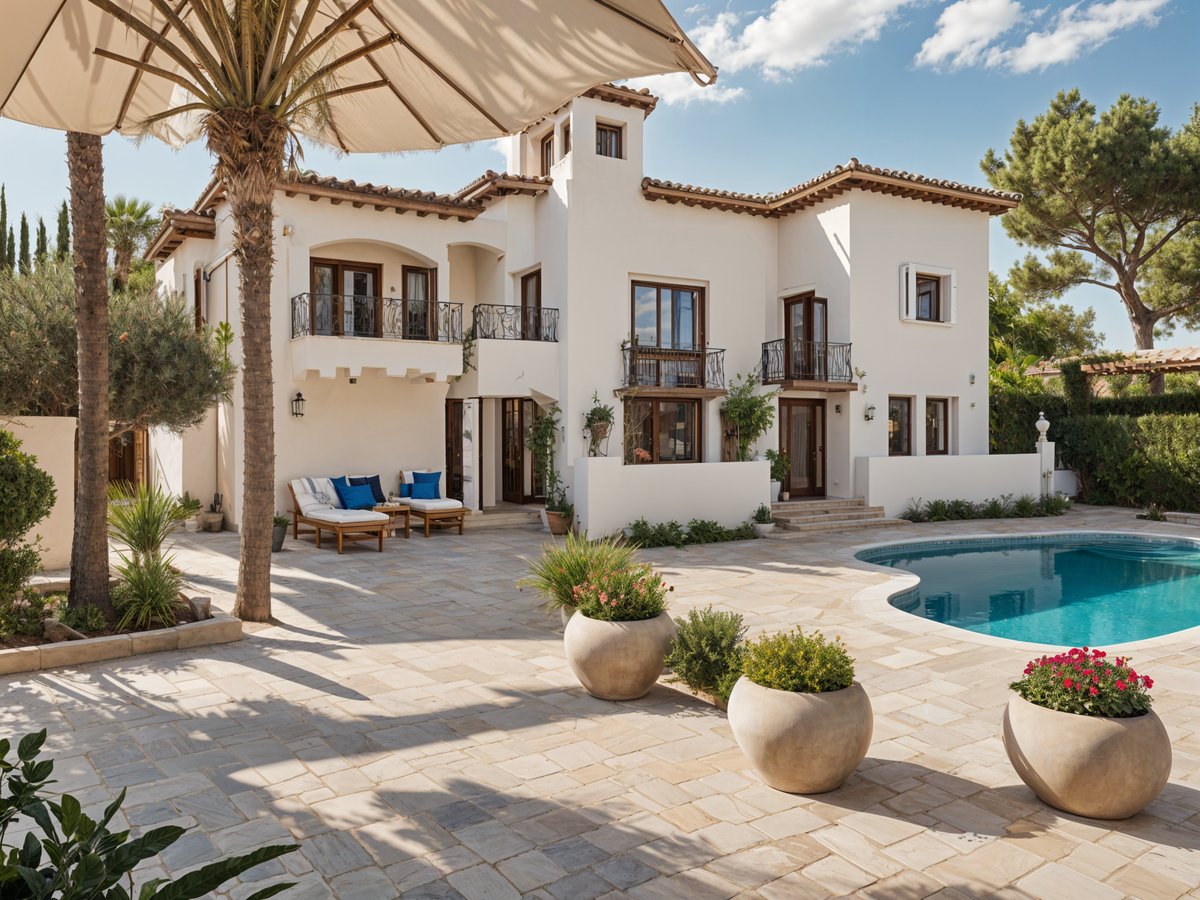 Mediterranean-style house with a swimming pool and patio