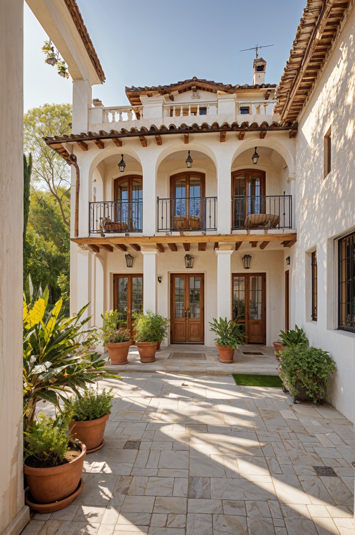 Mediterranean-style house with a garden and a wrought iron balcony railing.