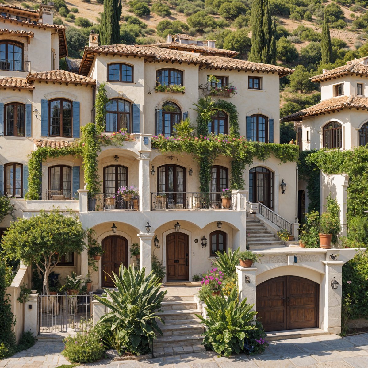 Mediterranean house with a lush garden and a large garage