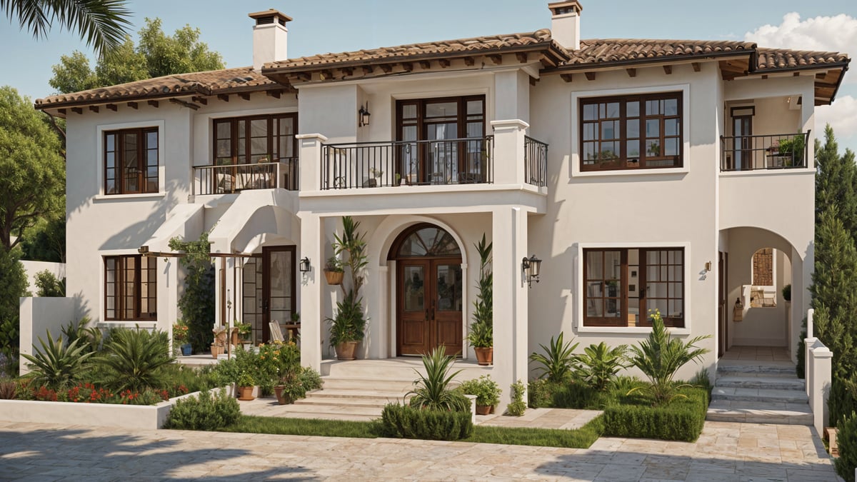 Mediterranean house with a green garden and palm trees