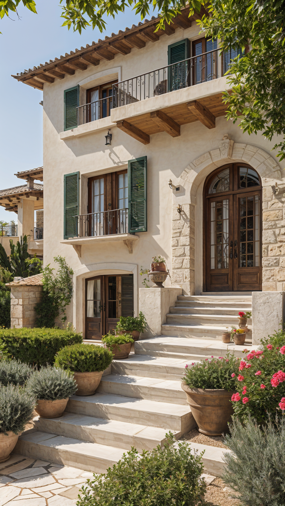 A Mediterranean house with a garden, featuring a large doorway, stairs, and a balcony. The house is surrounded by lush greenery and flowers.