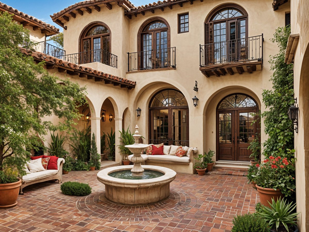 Mediterranean house with a garden and a fountain in the middle