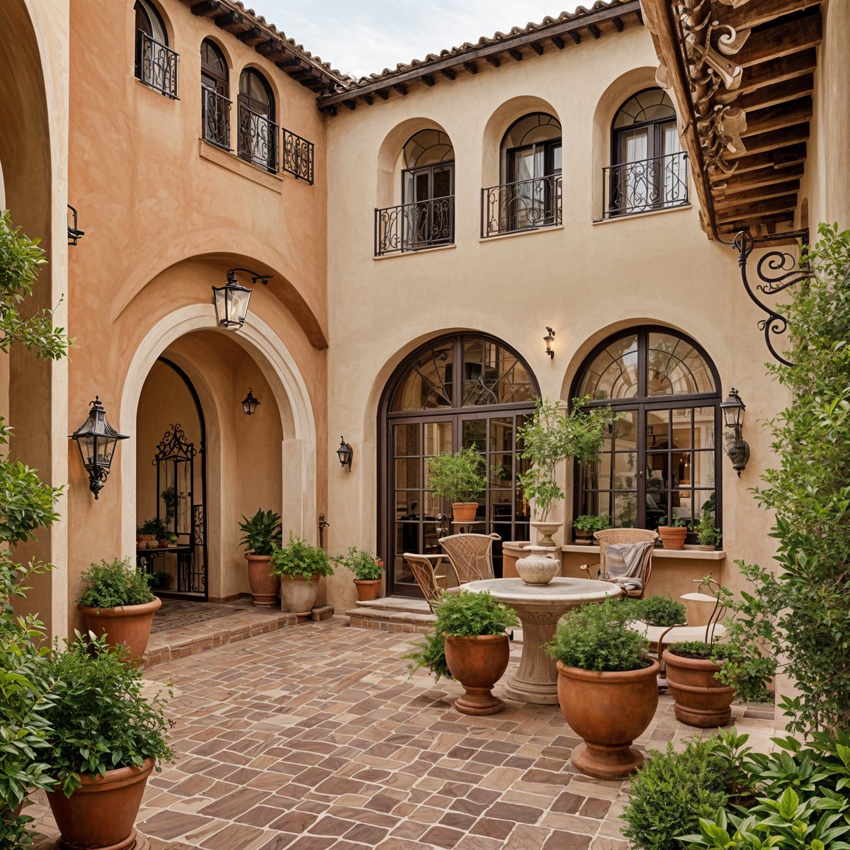 Mediterranean-style house with a garden filled with potted plants and vases. The garden features a fountain and a variety of flowers and greenery.