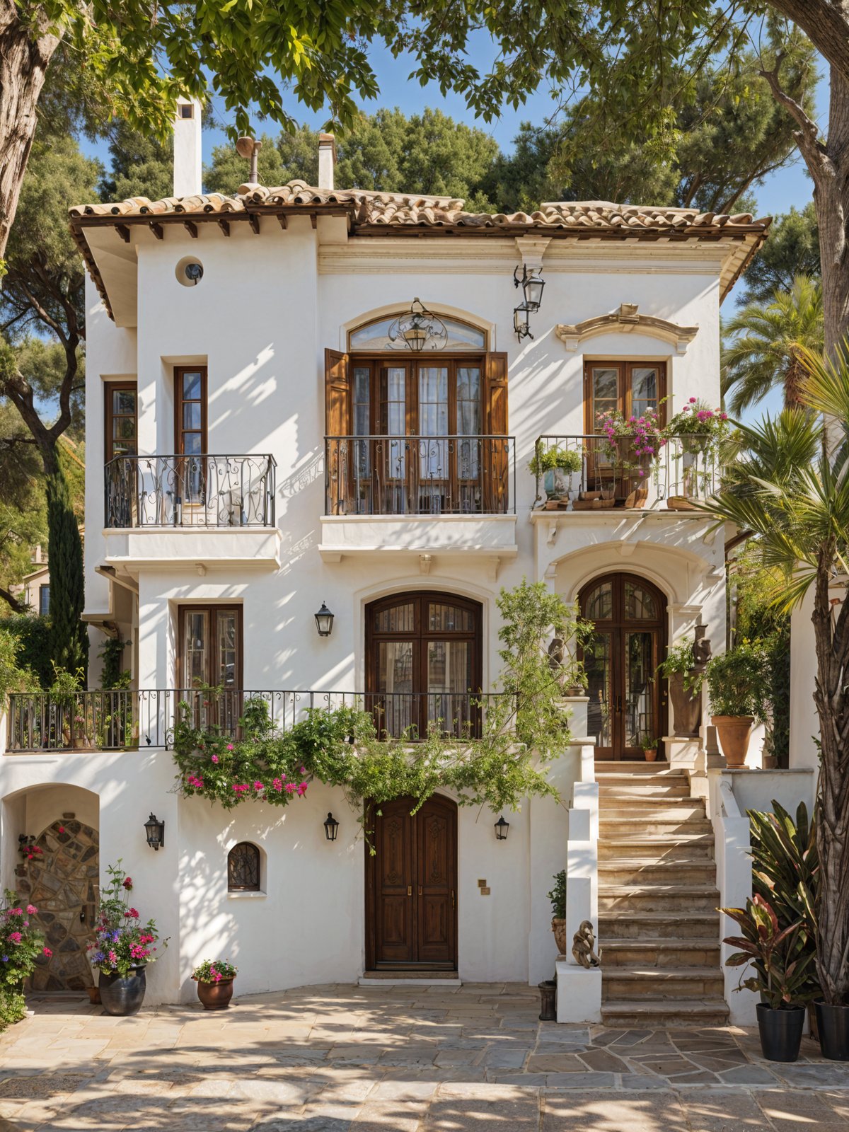 A white Mediterranean house with a garden and stairs leading up to the entrance. The house has a balcony with potted plants and flowers, and the entrance is adorned with a vine-covered doorway.