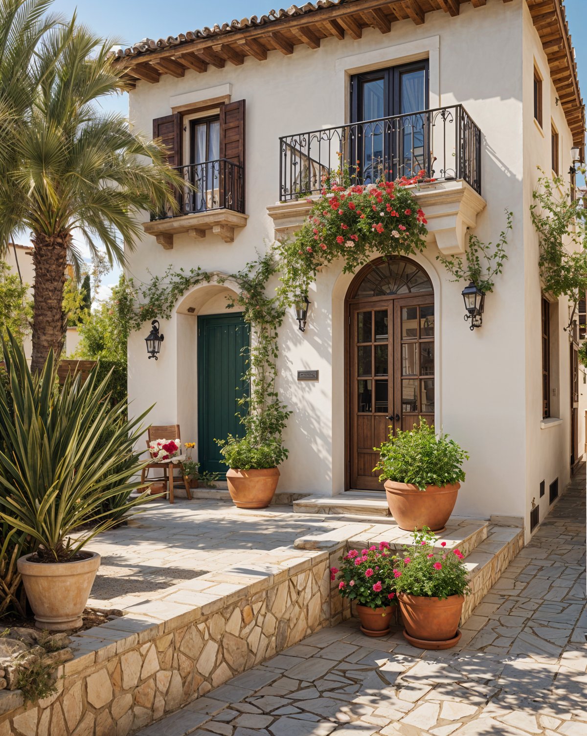 A Mediterranean-style house with a beautiful garden and a balcony. The house has a white exterior with green doors and windows. The garden features a variety of potted plants, including palm trees, and flowers. The balcony is adorned with flowers, adding to the overall charm of the house.