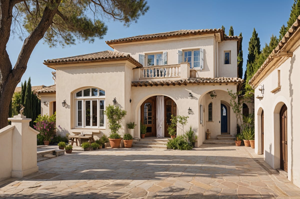 A Mediterranean-style house with a beautiful garden. The house is white with a red roof and a large front porch. The garden is filled with various potted plants and trees.