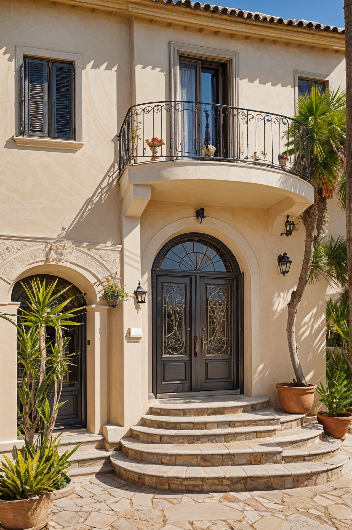 Mediterranean house with a garden and a staircase leading to the front door. The house has a balcony with a potted plant and a vase on it. The front door is adorned with a wreath and a potted plant. The garden is filled with various potted plants and a tree.