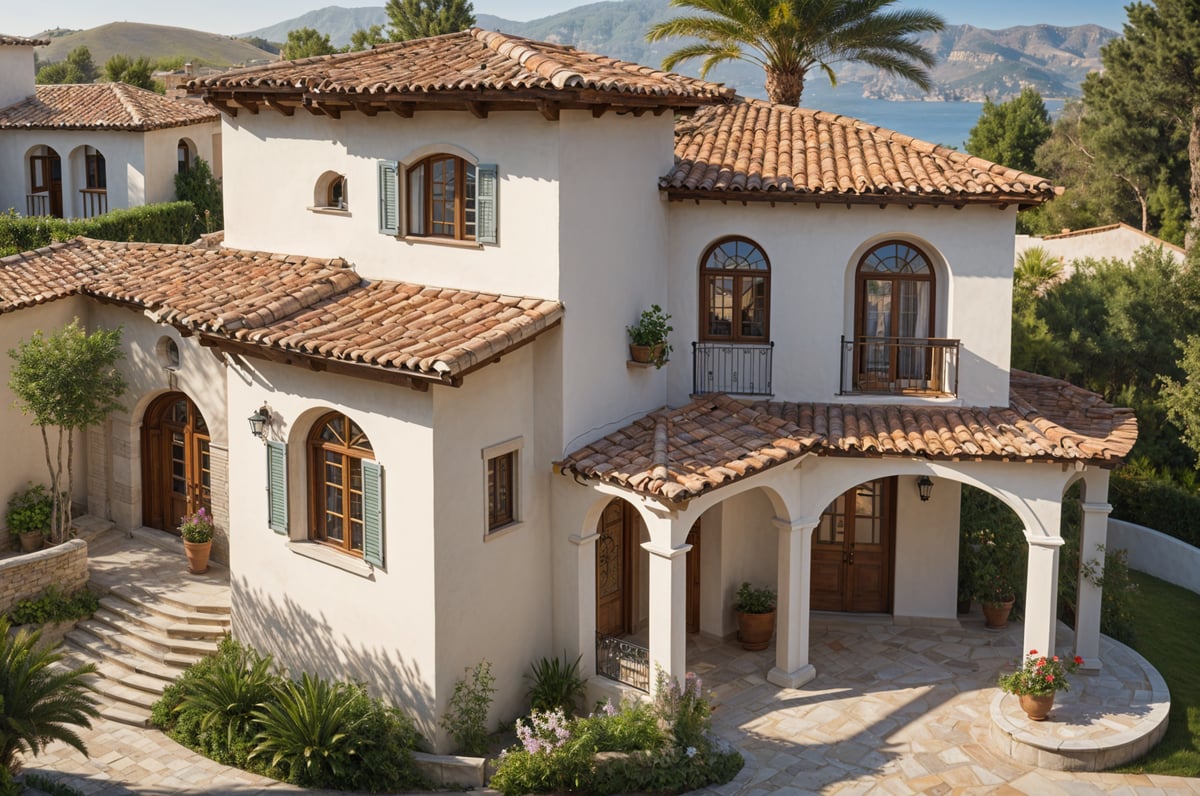 A large white Mediterranean house with a red tile roof and a garden. The house has a balcony and a patio with potted plants. The garden is filled with greenery and flowers, creating a beautiful and serene atmosphere.