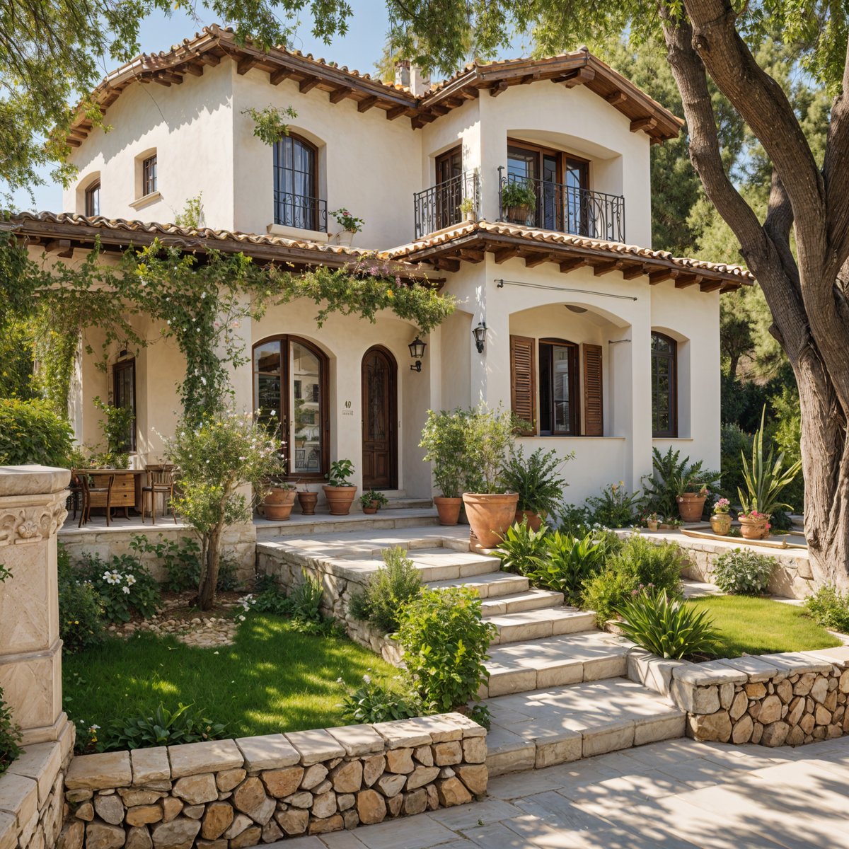 A Mediterranean-style house with a beautiful garden and a large tree. The house has a white exterior with a red roof and is adorned with many potted plants. The garden features a variety of greenery, including a few potted plants and a vase. The large tree provides a natural and serene atmosphere to the scene. The house is situated on a hill, giving it a picturesque view of the surrounding area.