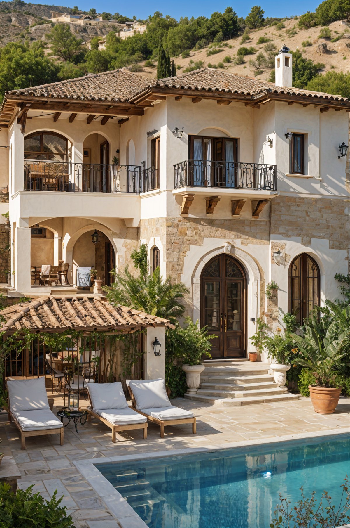 A large Mediterranean style house with a garden and patio area. The house has a large balcony with a white railing and a staircase leading up to it. The patio area features a sitting area with chairs and a dining table. The garden is well maintained with potted plants and trees surrounding the house.