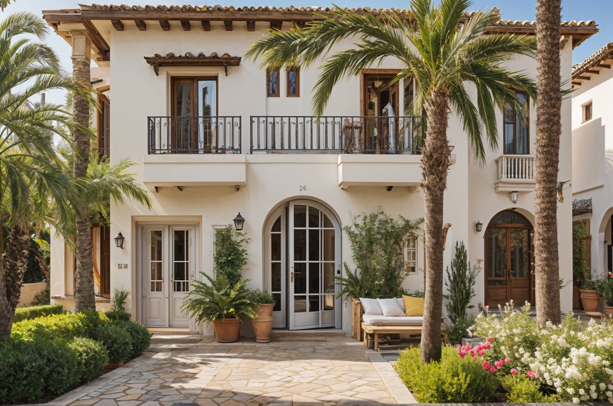 A Mediterranean-style house with a beautiful garden. The house is surrounded by potted plants and palm trees, and it has a red roof and a white facade. The front door is open, and a bench is located on the balcony.