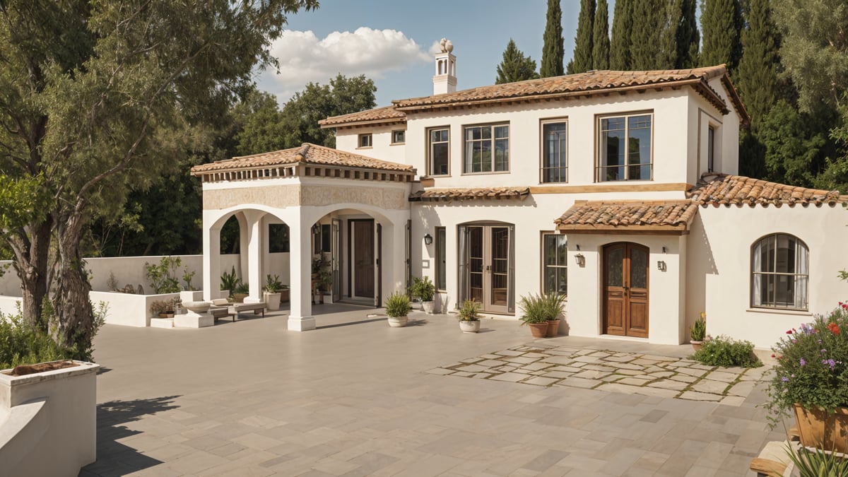 A Mediterranean style house with a large garden and a brick driveway. The house has a white exterior with red roof tiles and a clock tower.