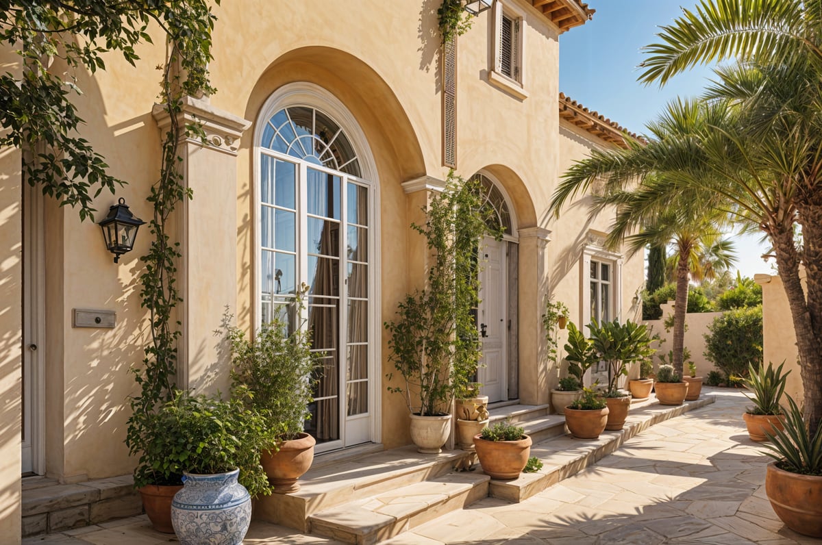 Mediterranean-style house with a garden full of potted plants and flowers.