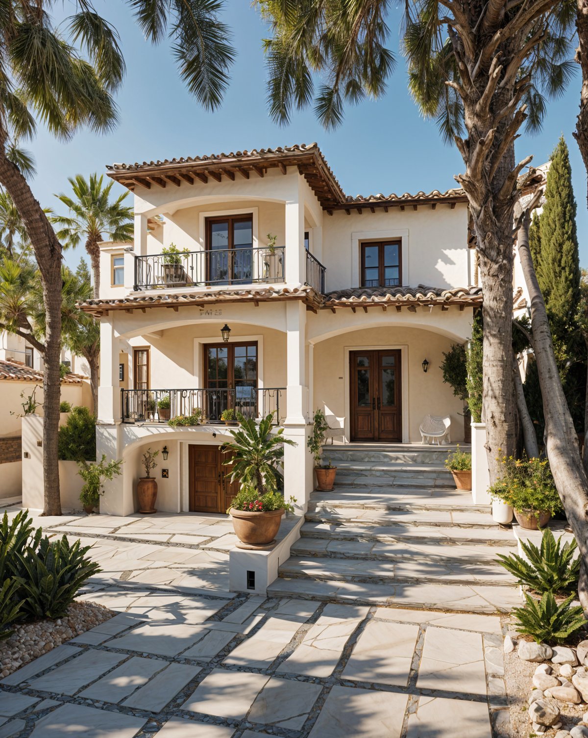 Mediterranean-style house with a garden in front of it