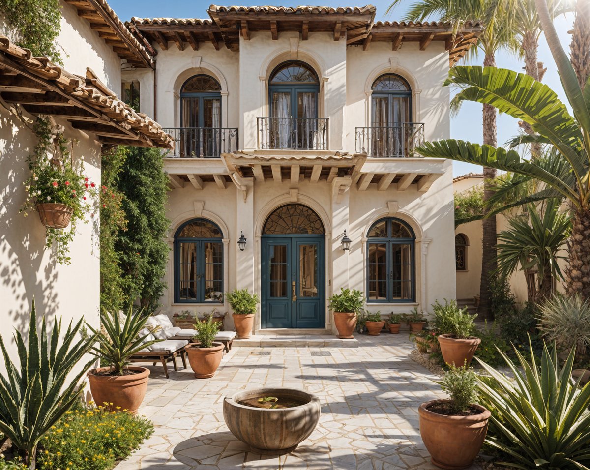 A Mediterranean house with a garden and a patio. The house has a blue door and is surrounded by potted plants and a fountain. The patio is adorned with potted plants and a chair.