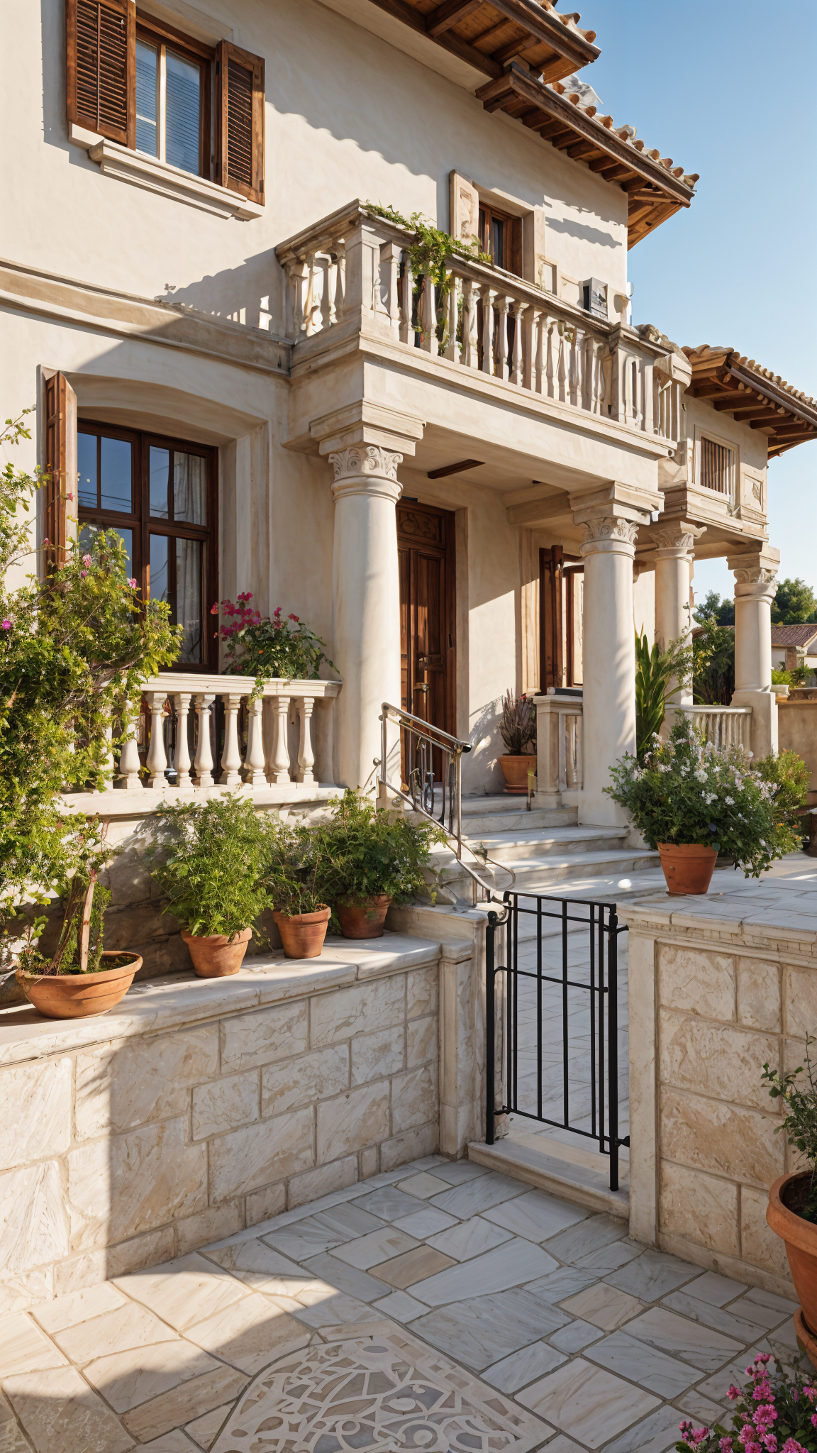 Mediterranean-style house with a beautiful garden and a black iron gate. The garden is filled with potted plants and flowers.