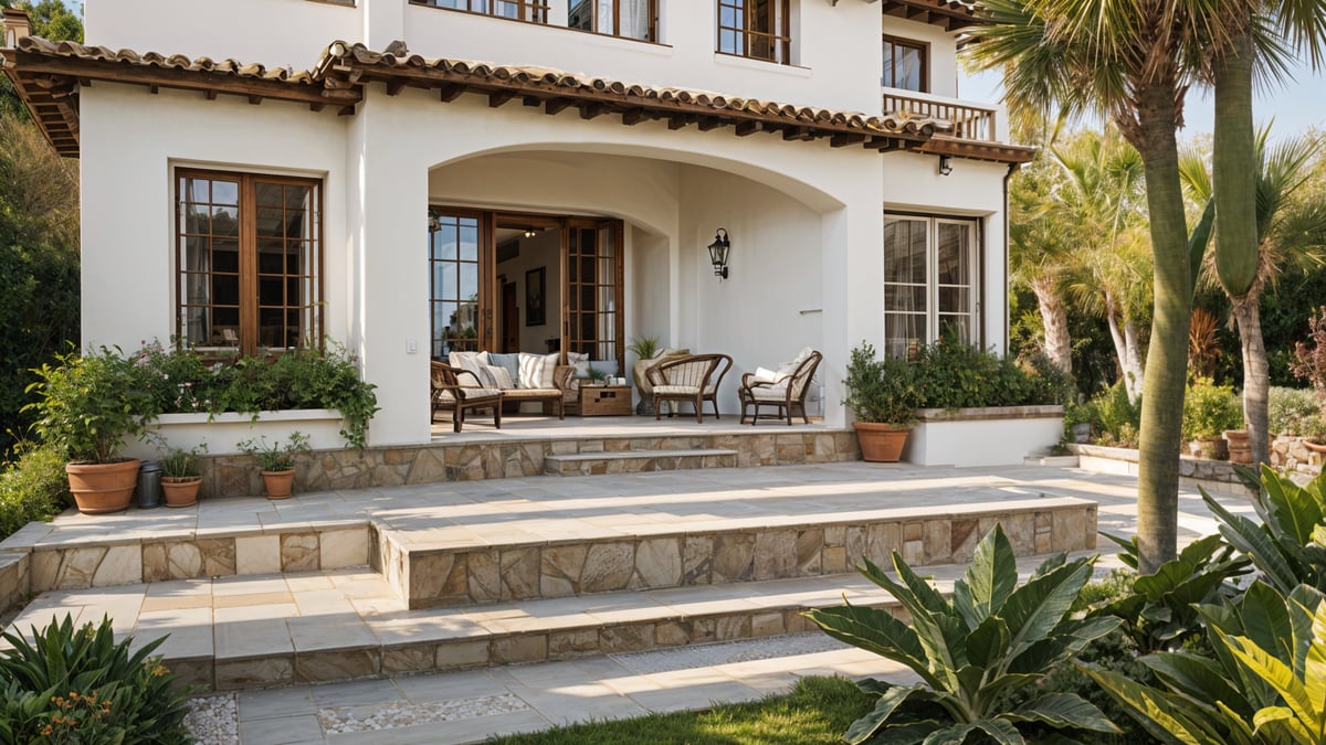 A Mediterranean-style house with a beautiful garden and patio. The house has a white exterior with a red tile roof, and the patio is adorned with a variety of potted plants and chairs.