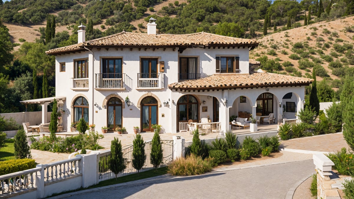 A large white Mediterranean style house with a garden and a fence. The house has a red tile roof and is surrounded by green bushes and trees. The garden is well maintained and features a variety of potted plants and a bench.