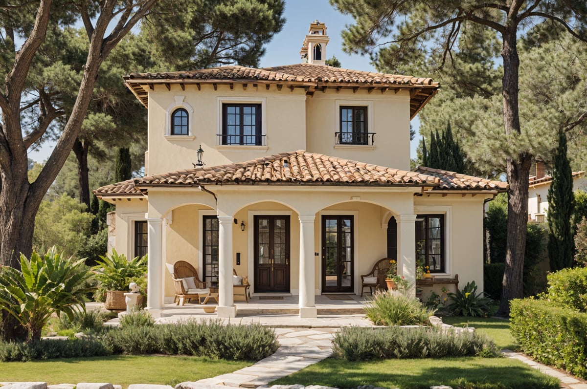 A Mediterranean style house with a garden and a walkway leading up to the front door.