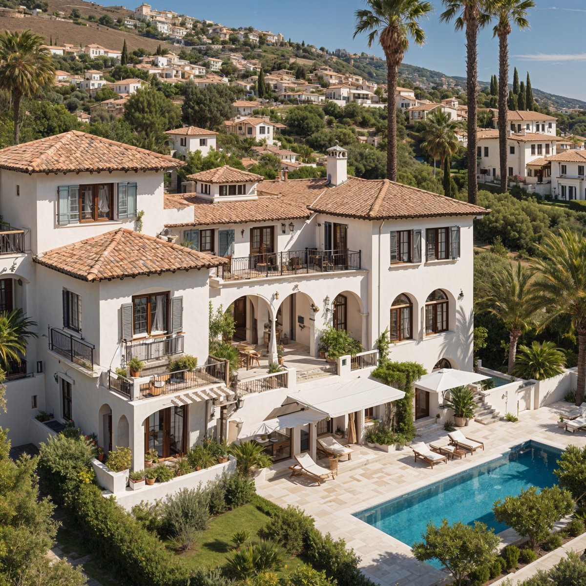 A Mediterranean-style house with a beautiful garden and pool.