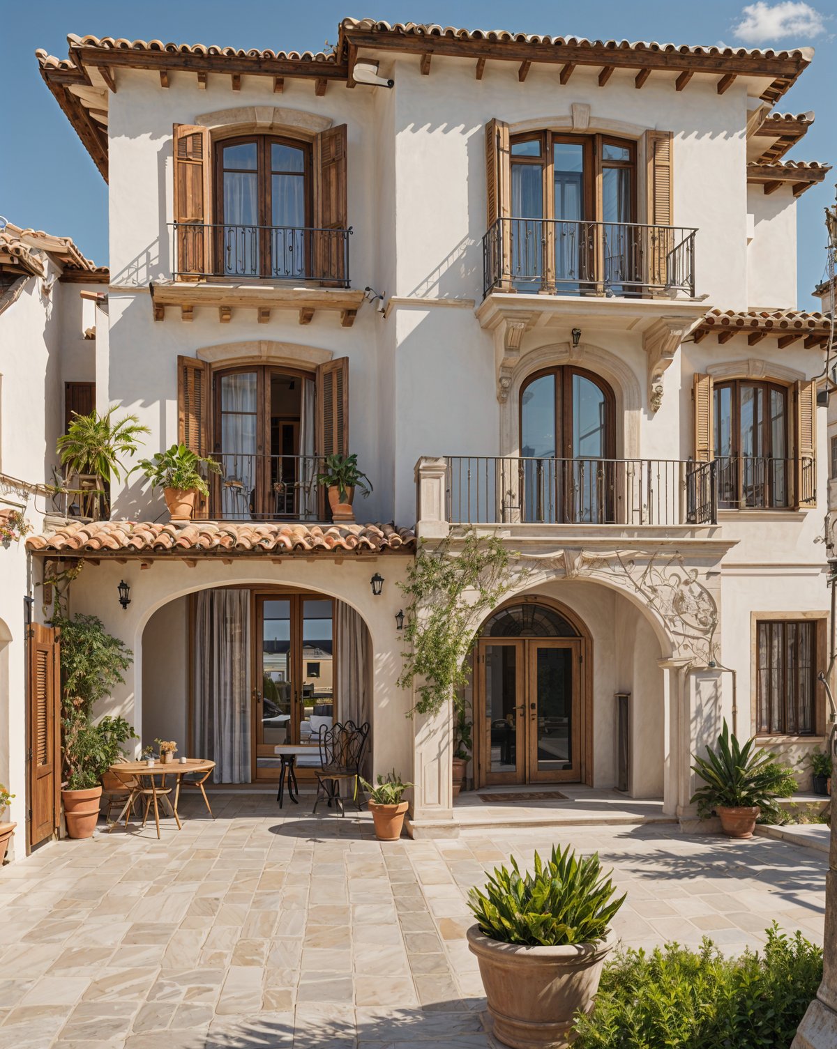 Mediterranean-style house with a red tile roof and a beautiful garden filled with potted plants.