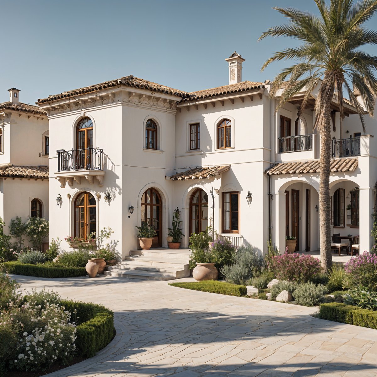 A Mediterranean style house with a beautiful garden and a walkway leading to the front door. The house has a white exterior with red tiles on the roof and is surrounded by potted plants and flowers.