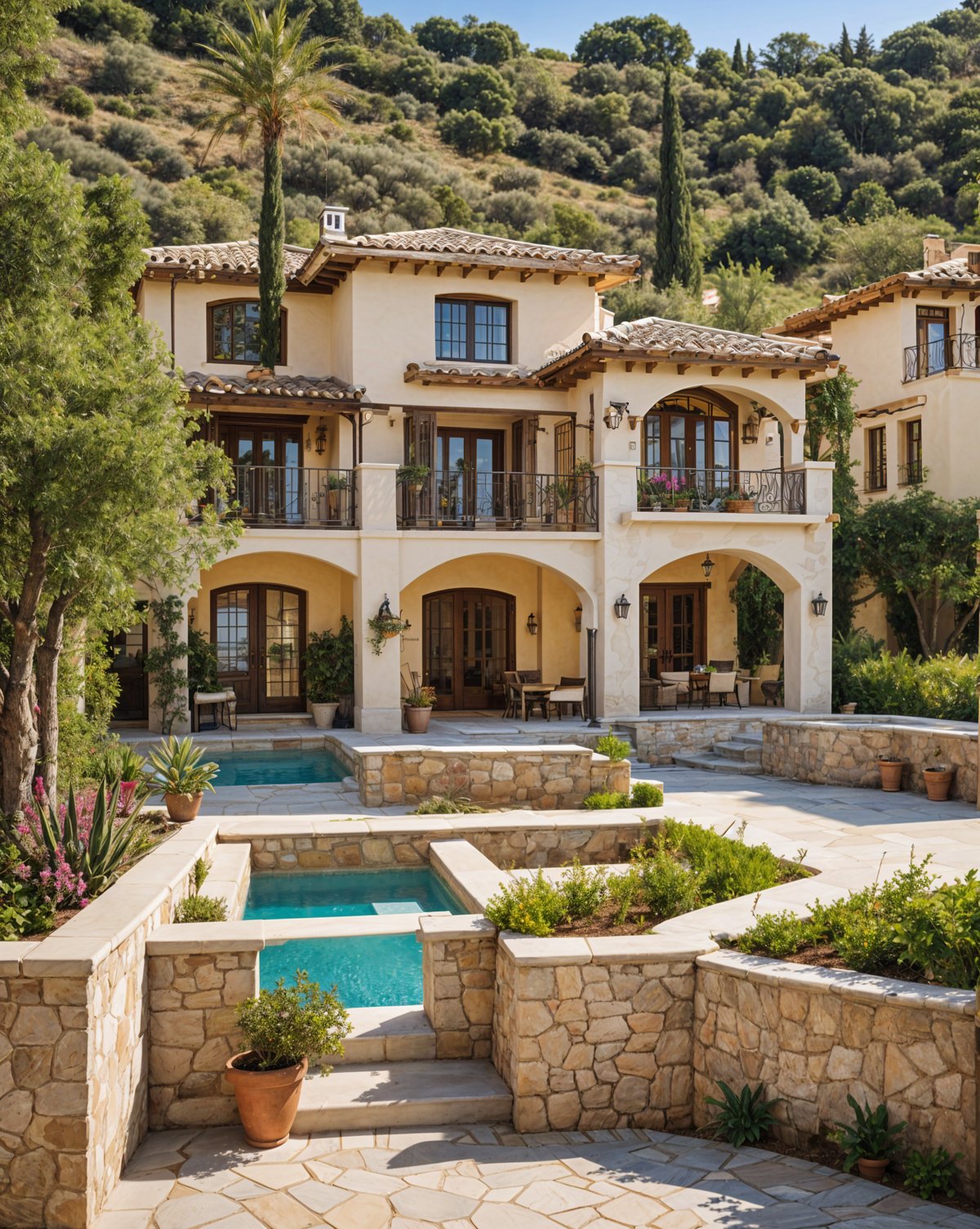 A Mediterranean-style house with a large garden and swimming pool. The house has a white exterior with brown trim, and features a large patio with a fountain. The garden is well-maintained with a variety of plants and flowers, creating a serene and inviting atmosphere. The house is surrounded by trees, adding to the natural beauty of the scene.