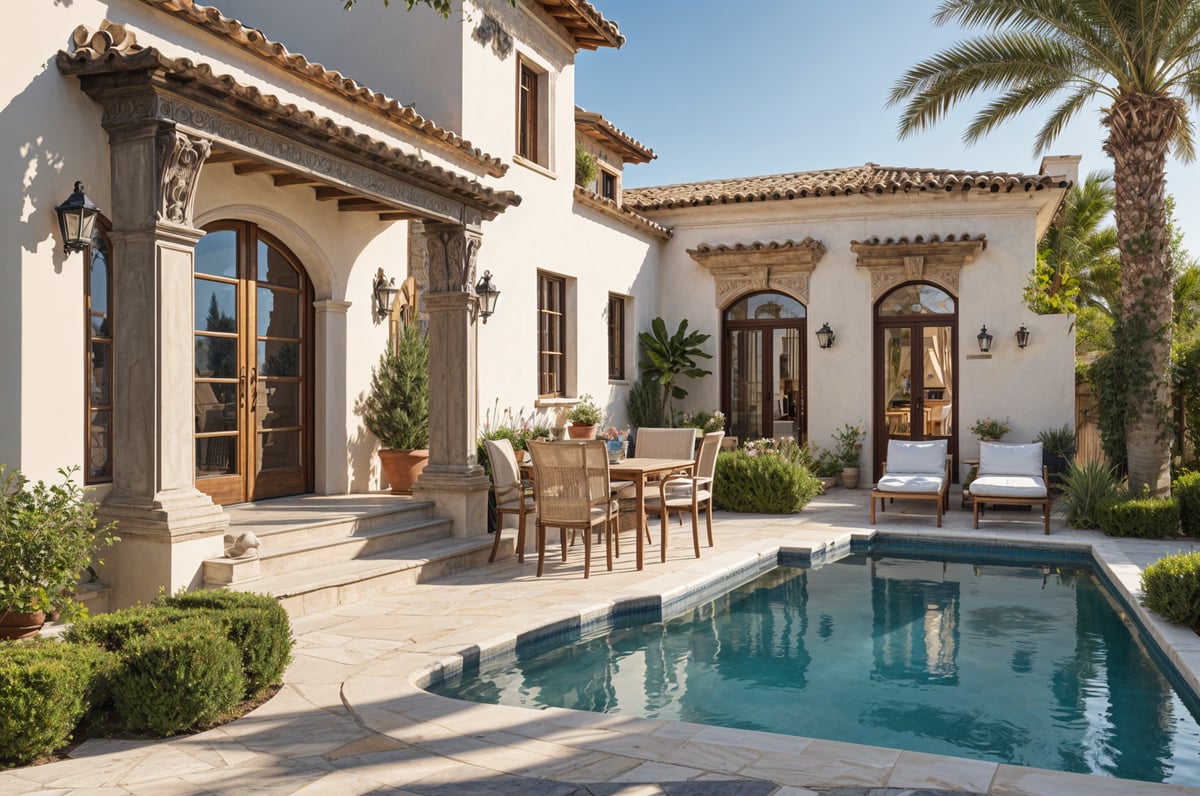 Mediterranean house with a swimming pool and patio set