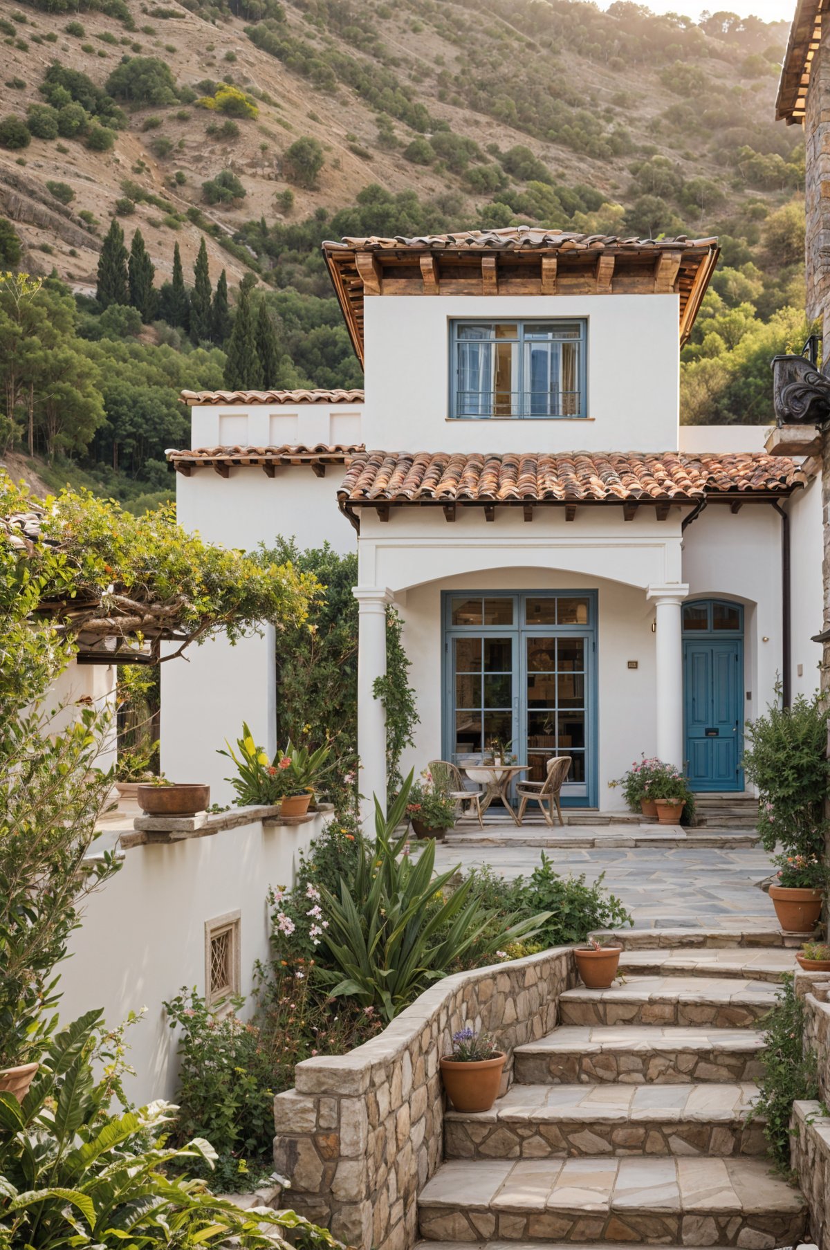 A Mediterranean-style house with a garden and a blue door. The house is surrounded by greenery and has a white and blue color scheme. The garden is filled with potted plants and flowers, creating a serene and inviting atmosphere. The blue door adds a pop of color to the otherwise neutral-toned house, making it stand out. The house is situated on a hillside, overlooking the surrounding landscape.