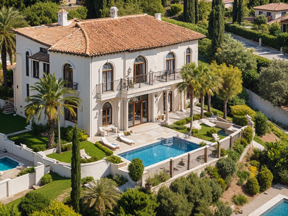 A large Mediterranean-style house with a beautiful garden and a swimming pool. The house is surrounded by palm trees and has a red tile roof.