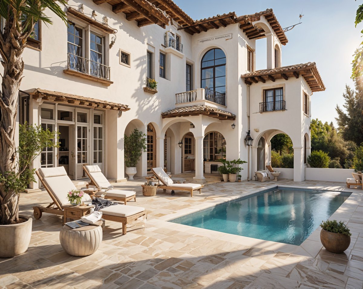 Mediterranean-style house with a large swimming pool and garden