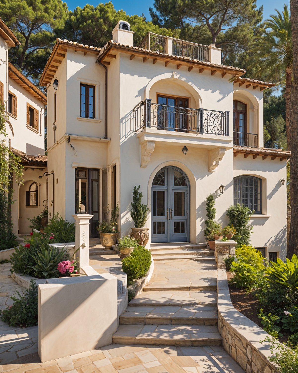 A Mediterranean-style house with a white exterior and a large front porch. The porch is adorned with potted plants and vases, creating a welcoming atmosphere. The house is situated on a hillside, overlooking a beautiful garden with palm trees and a staircase leading up to the entrance.