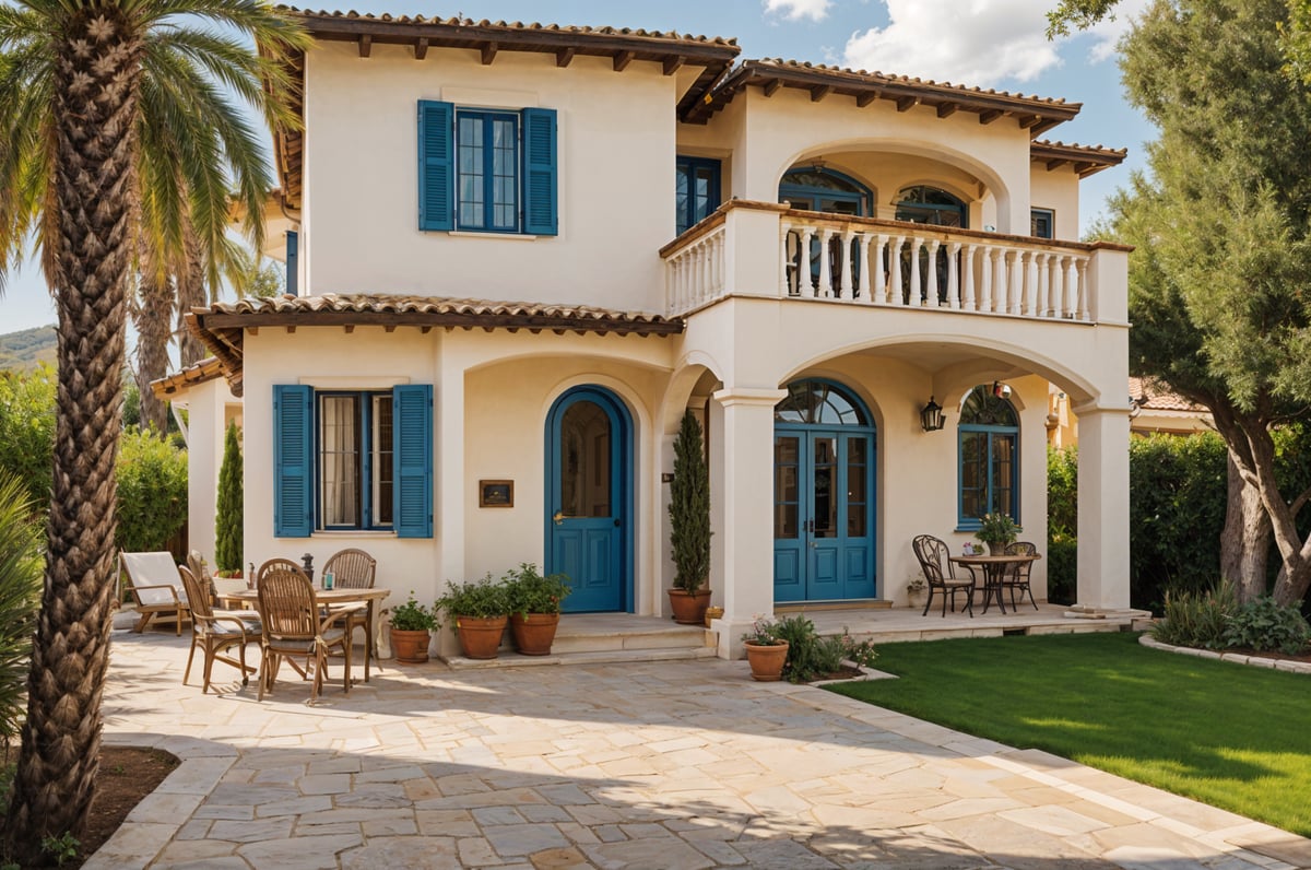 Mediterranean-style house with a white exterior, blue doors, and a large patio with chairs and a dining table. The house is surrounded by greenery and has a beautiful garden.