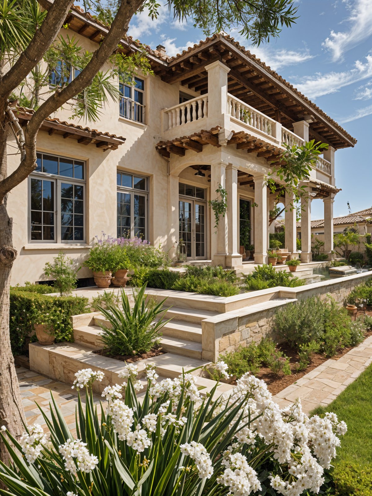 Mediterranean house with garden and white staircase