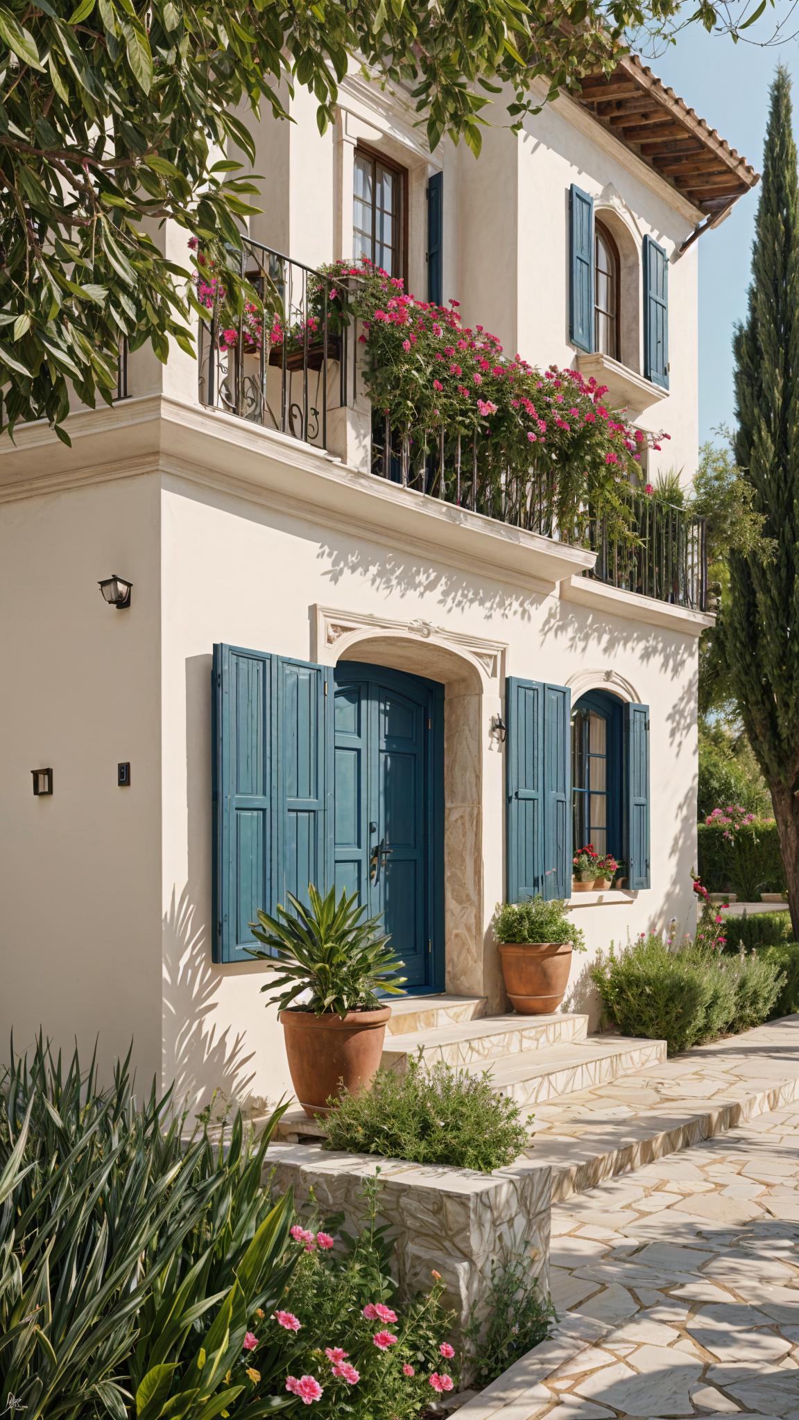 Mediterranean-style house with a garden and a blue door. The house is adorned with potted plants and flowers.