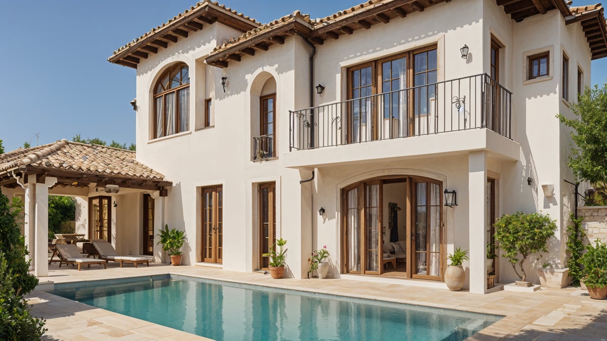 Mediterranean-style house with a swimming pool and potted plants