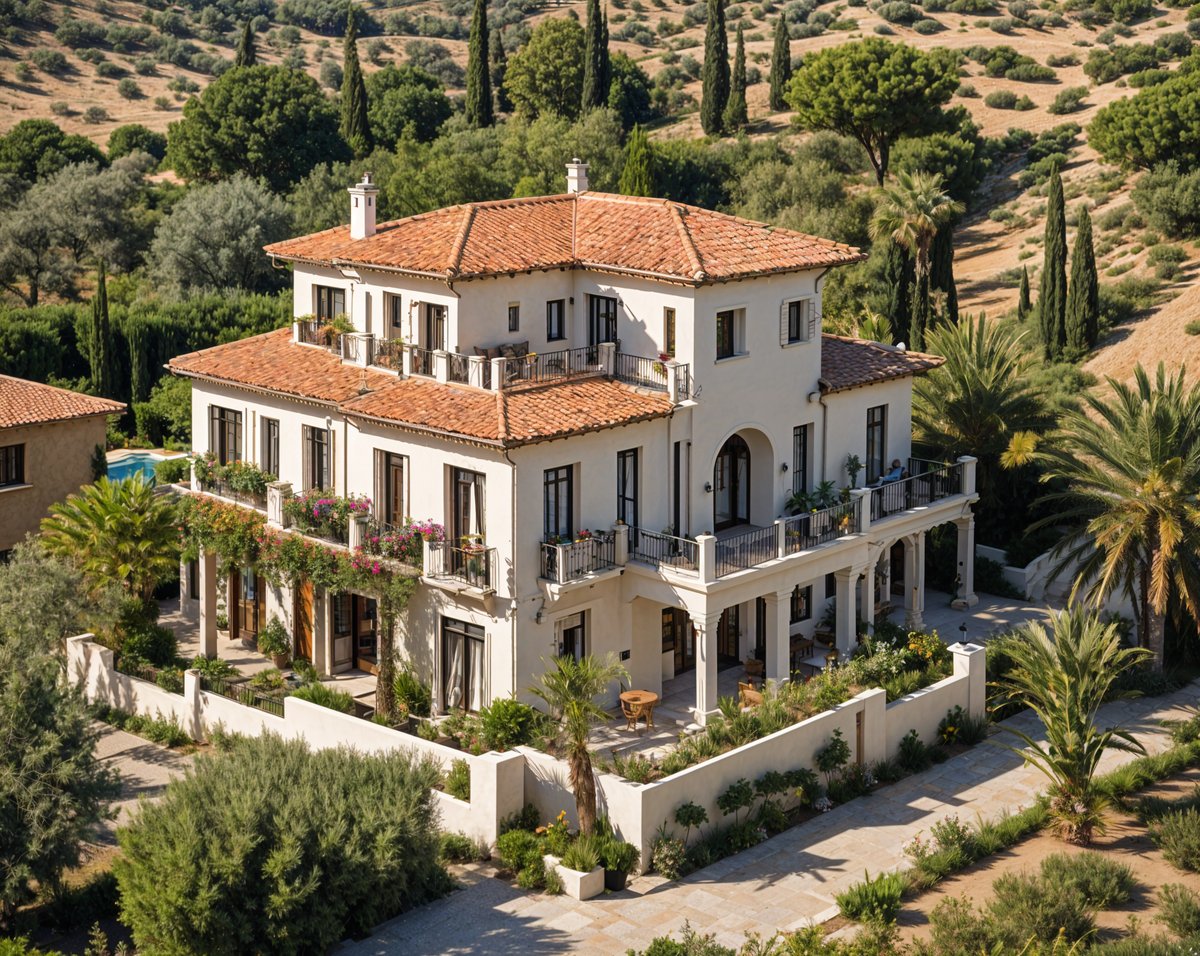 A large white Mediterranean style house with a red tile roof, surrounded by a lush garden with palm trees and flowers. The house has a wrap-around porch and balconies on the second floor.