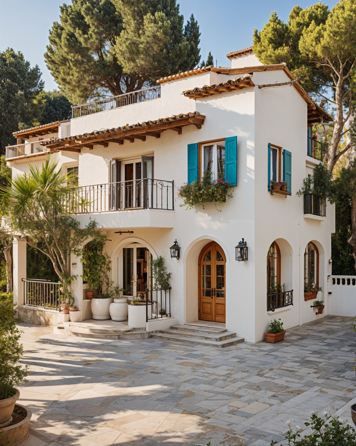 A Mediterranean-style house with a garden and a white facade.