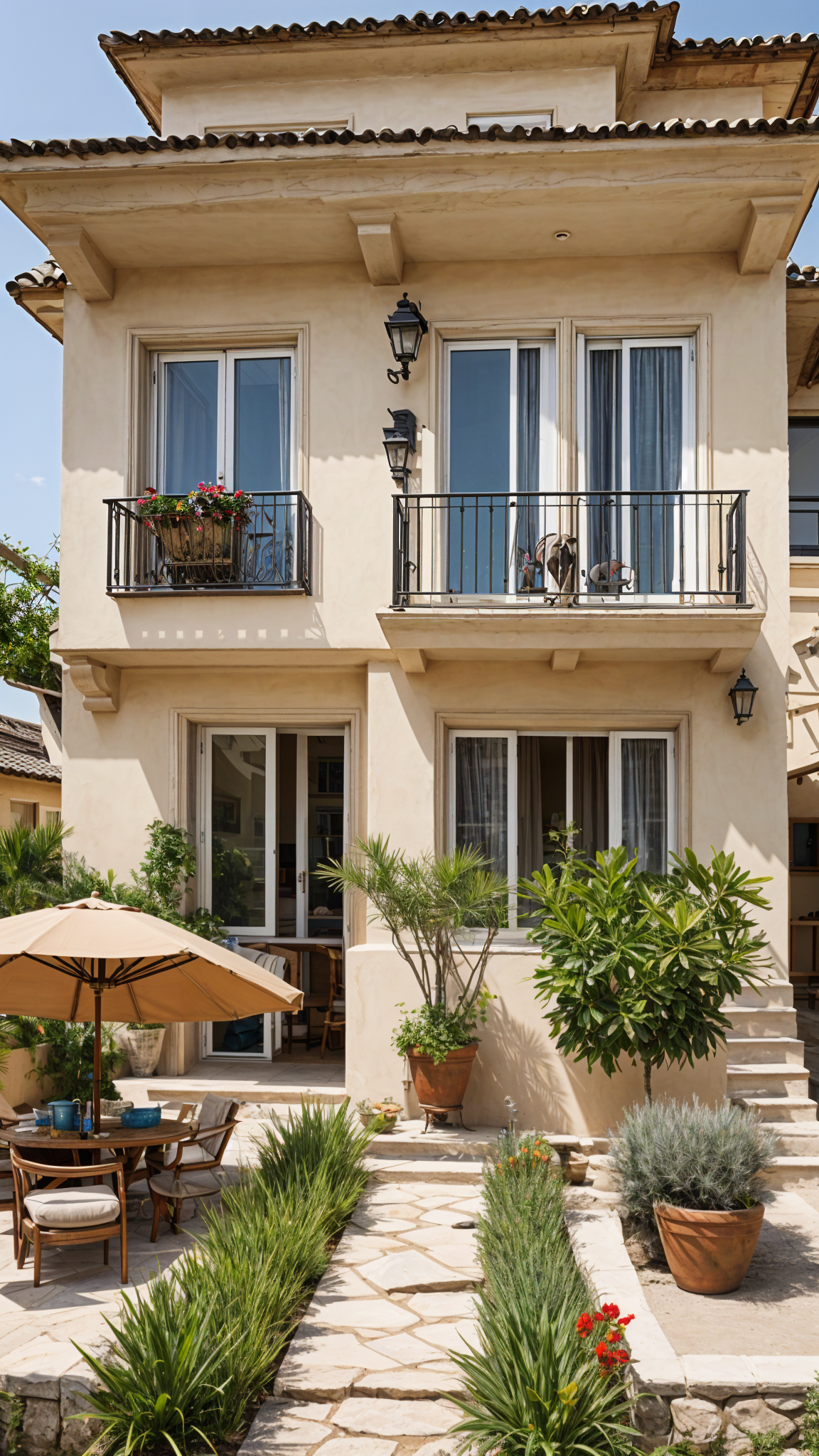 Mediterranean-style house with a garden and a balcony. The balcony has a black railing and is adorned with potted plants. The house has a large window on the first floor and a smaller window on the second floor. The garden features a variety of potted plants and a bench. The scene is set in a sunny day, with the sun shining on the house and the plants. The image is taken from the ground level, providing a view of the house and the garden from below.