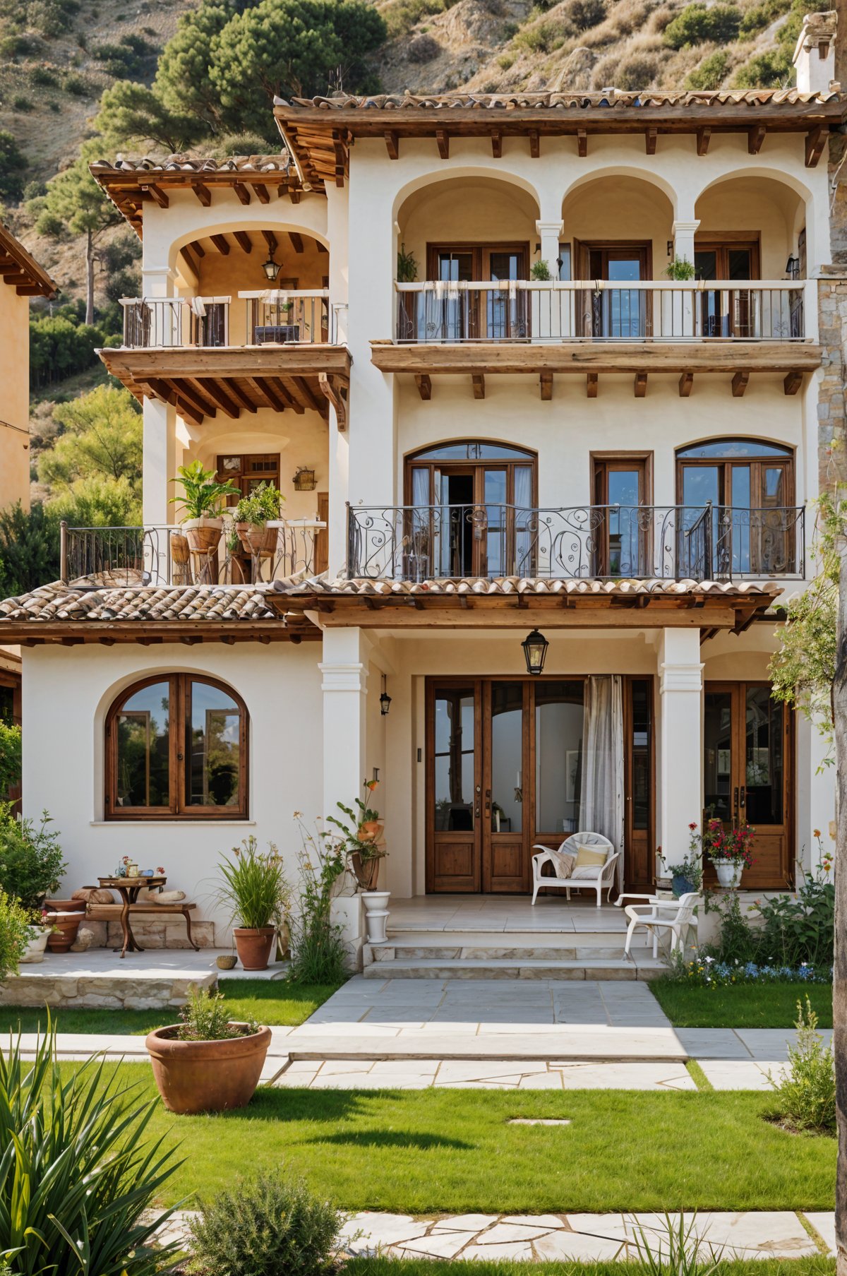 A large, white Mediterranean-style house with a garden and a patio. The house has a balcony on the second floor and is surrounded by potted plants. The garden features a variety of plants and flowers, including a large potted plant near the front door.