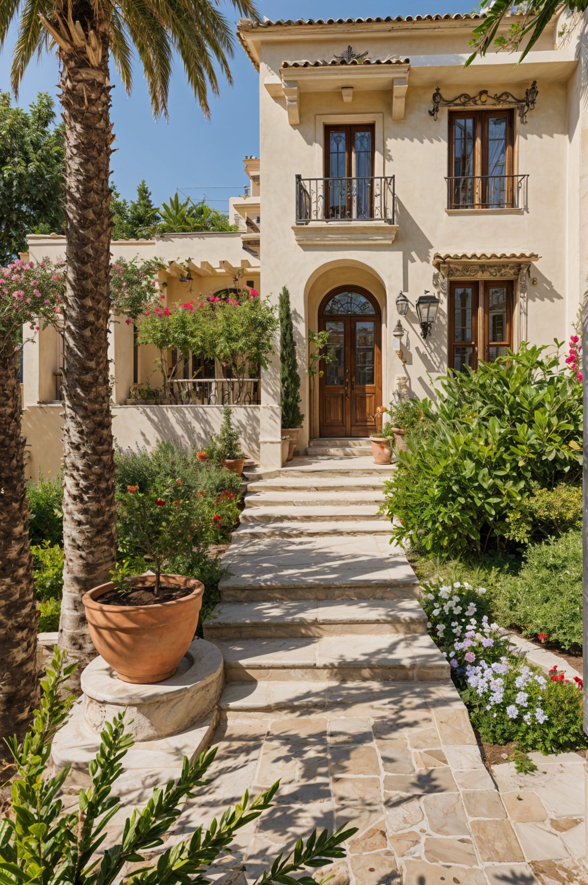 A Mediterranean-style house with a beautiful garden, featuring a staircase leading up to the front door. The house is adorned with many potted plants and flowers, creating a lush and inviting atmosphere. The stairs are made of stone, adding to the charm of the property.