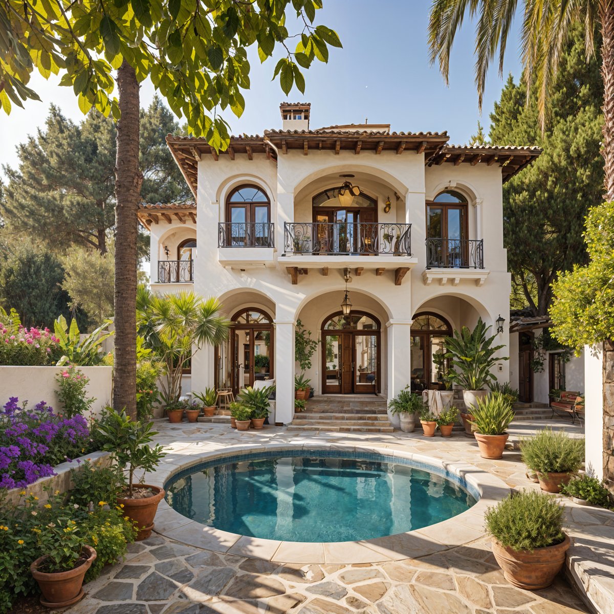 Mediterranean house with a pool in the backyard