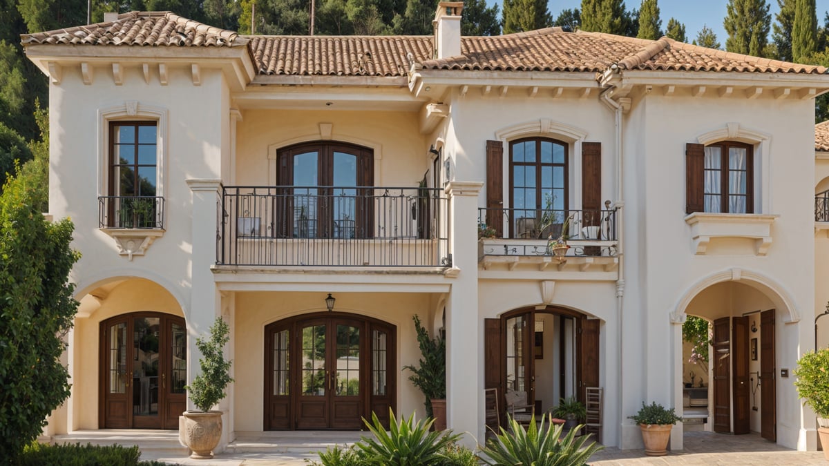 Mediterranean-style house with a white exterior, red tile roof, balcony, staircase, potted plants, and chairs on the patio.