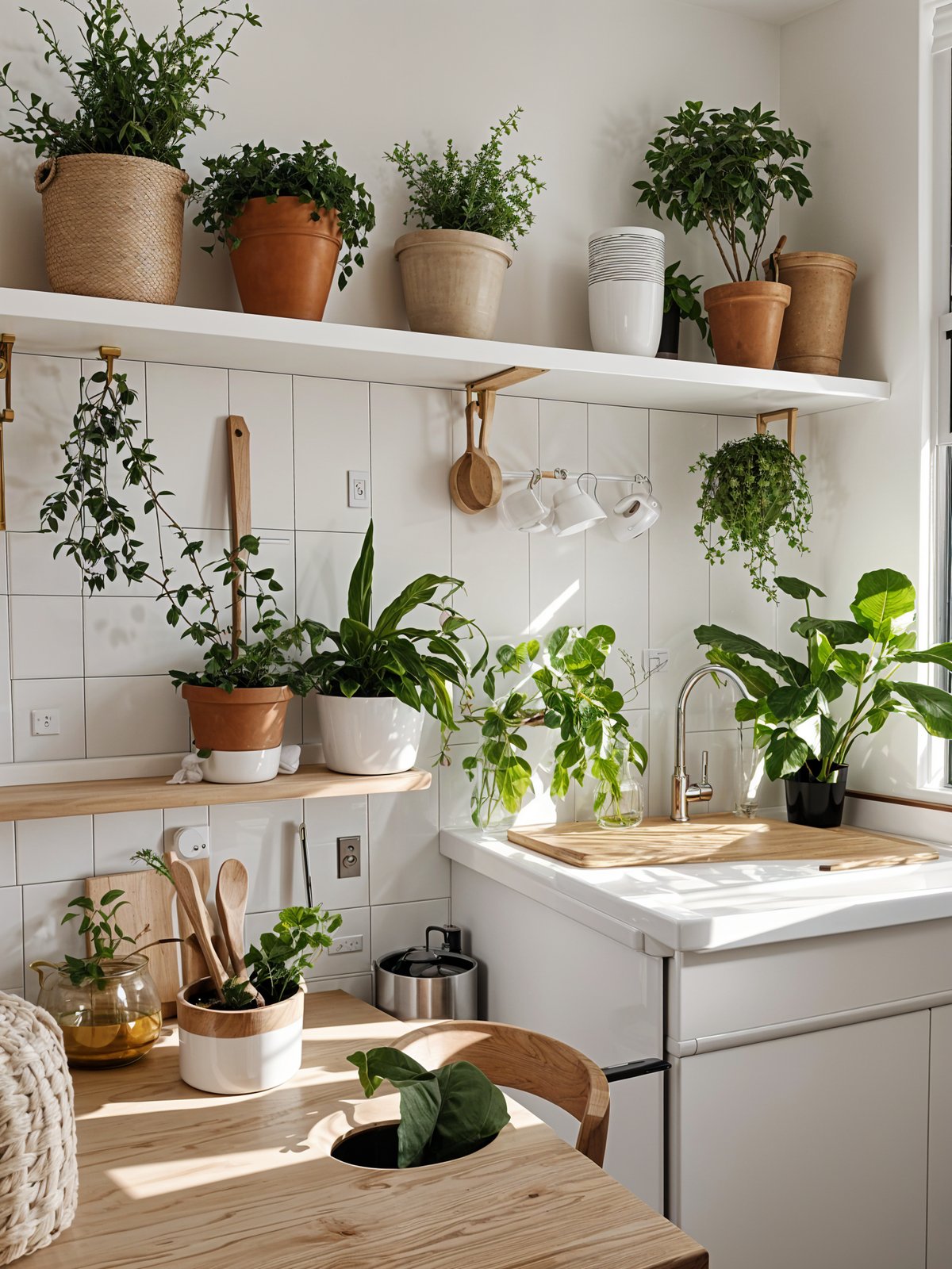 A kitchen with a sink and a shelf full of potted plants and utensils.