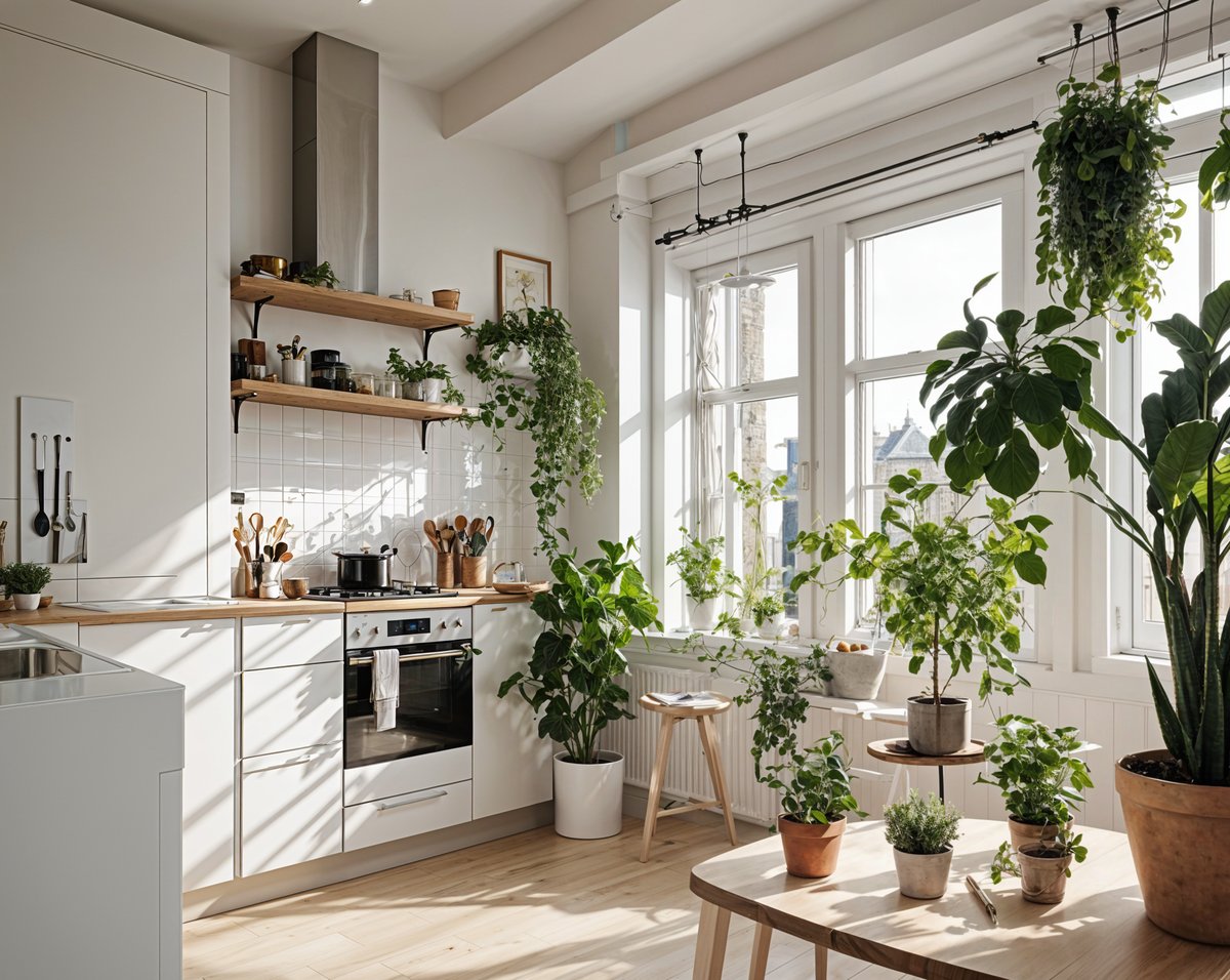 A kitchen with a window and plants growing in it.