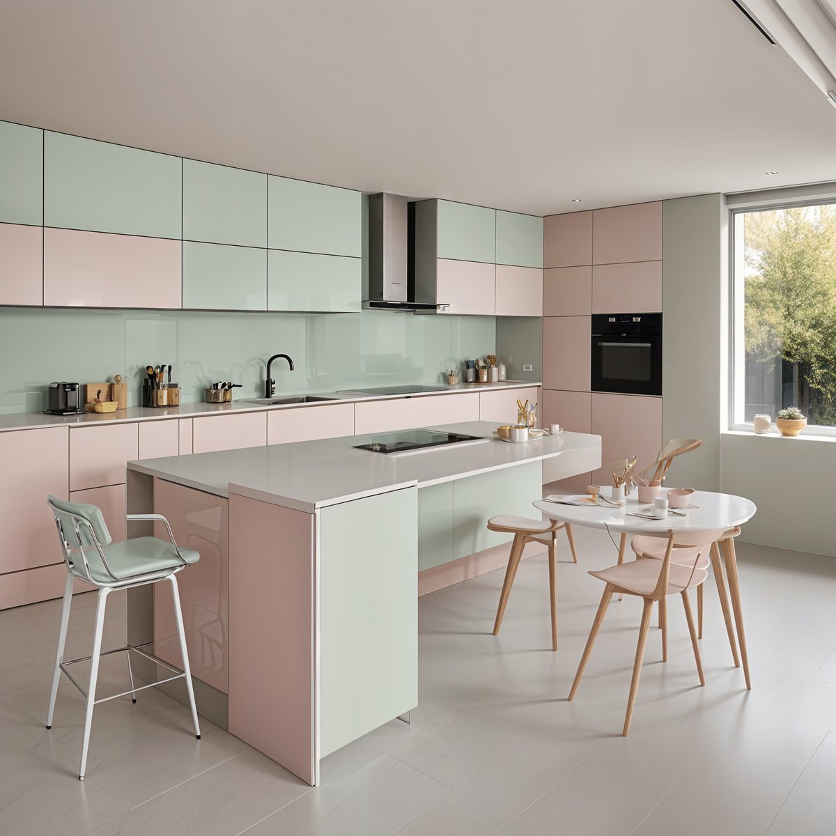 A kitchen with a white counter, pink cabinets, and a window. The kitchen is empty and clean.