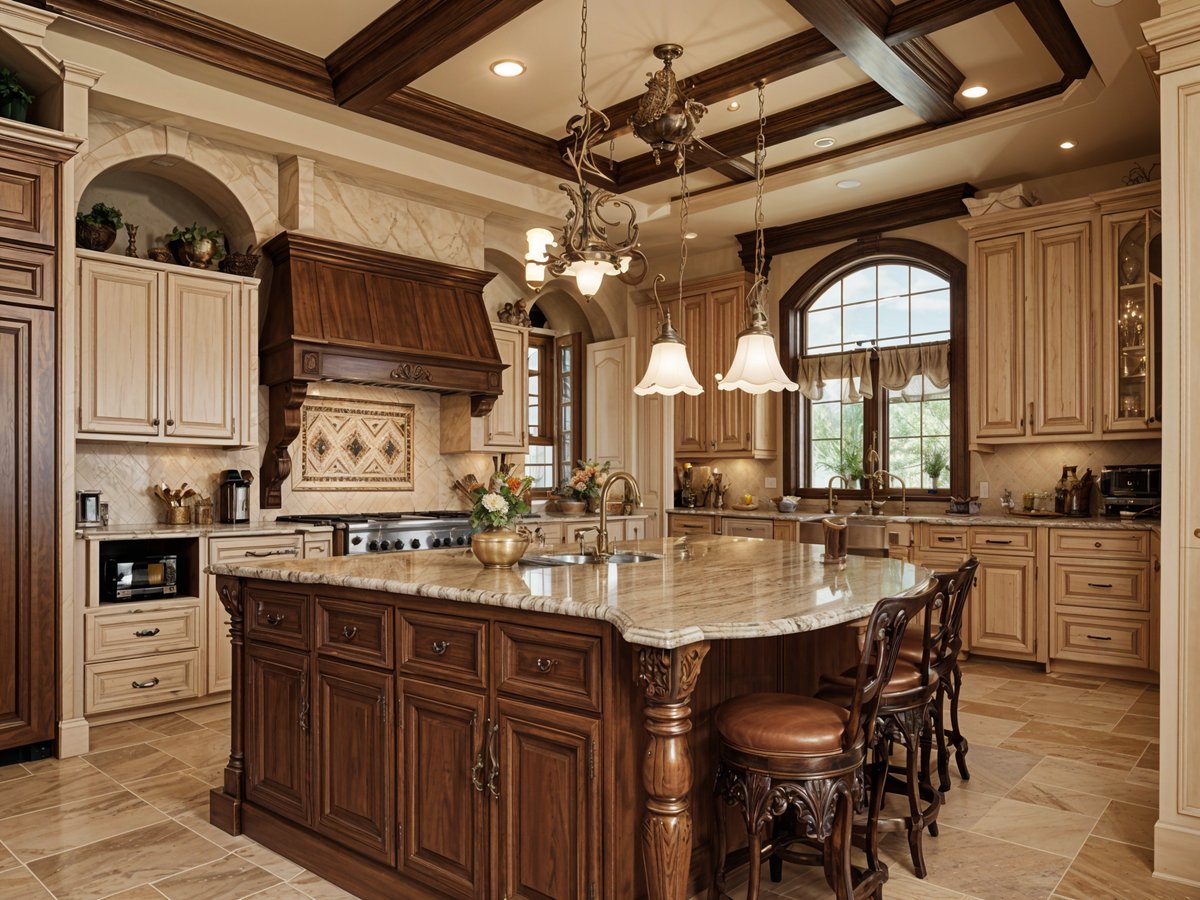 A kitchen with a center island and a sink. The island has a vase on it.