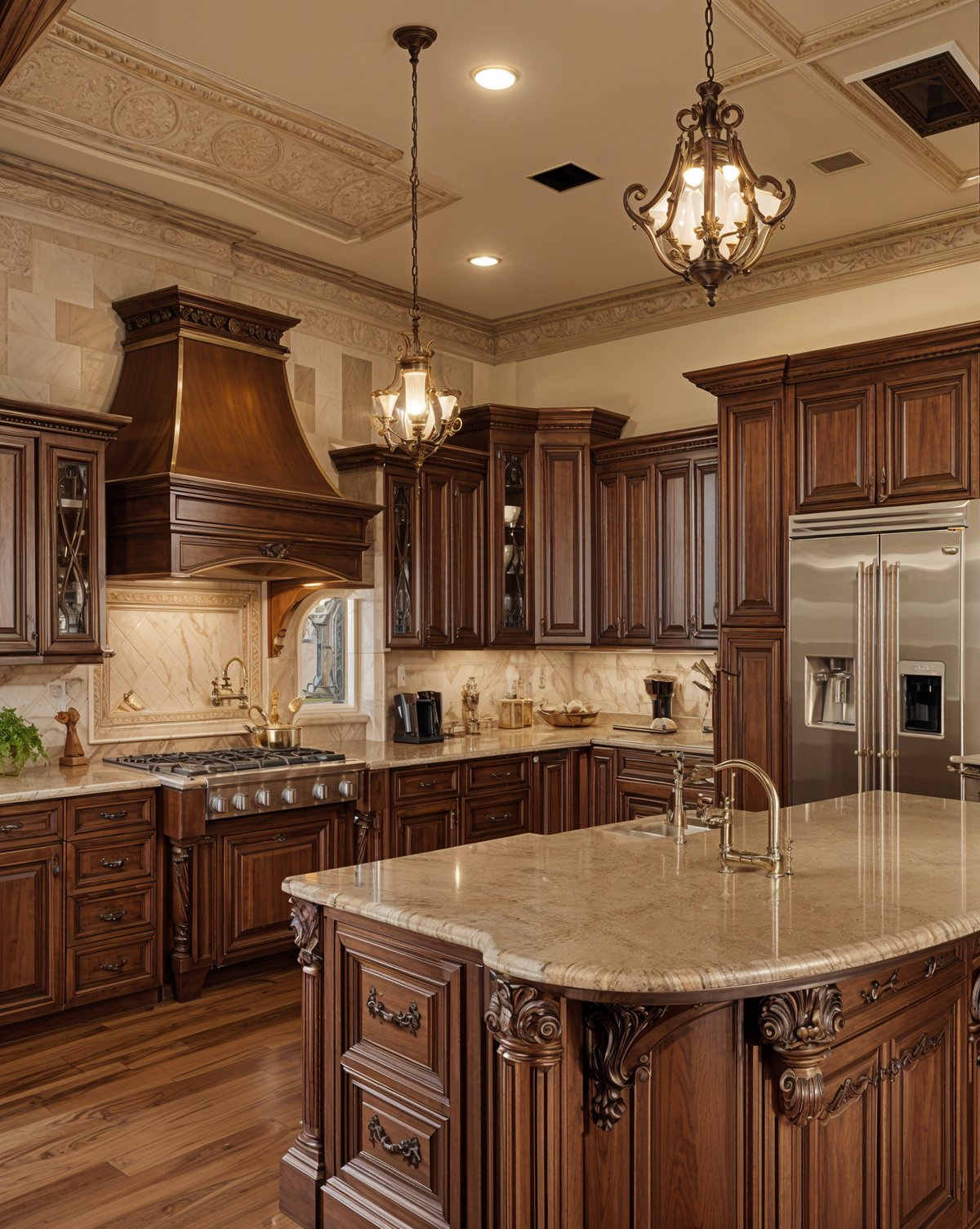 A kitchen with wooden cabinets, granite countertops, and stainless steel appliances. The kitchen features a center island with a sink and a chandelier hanging above the island.