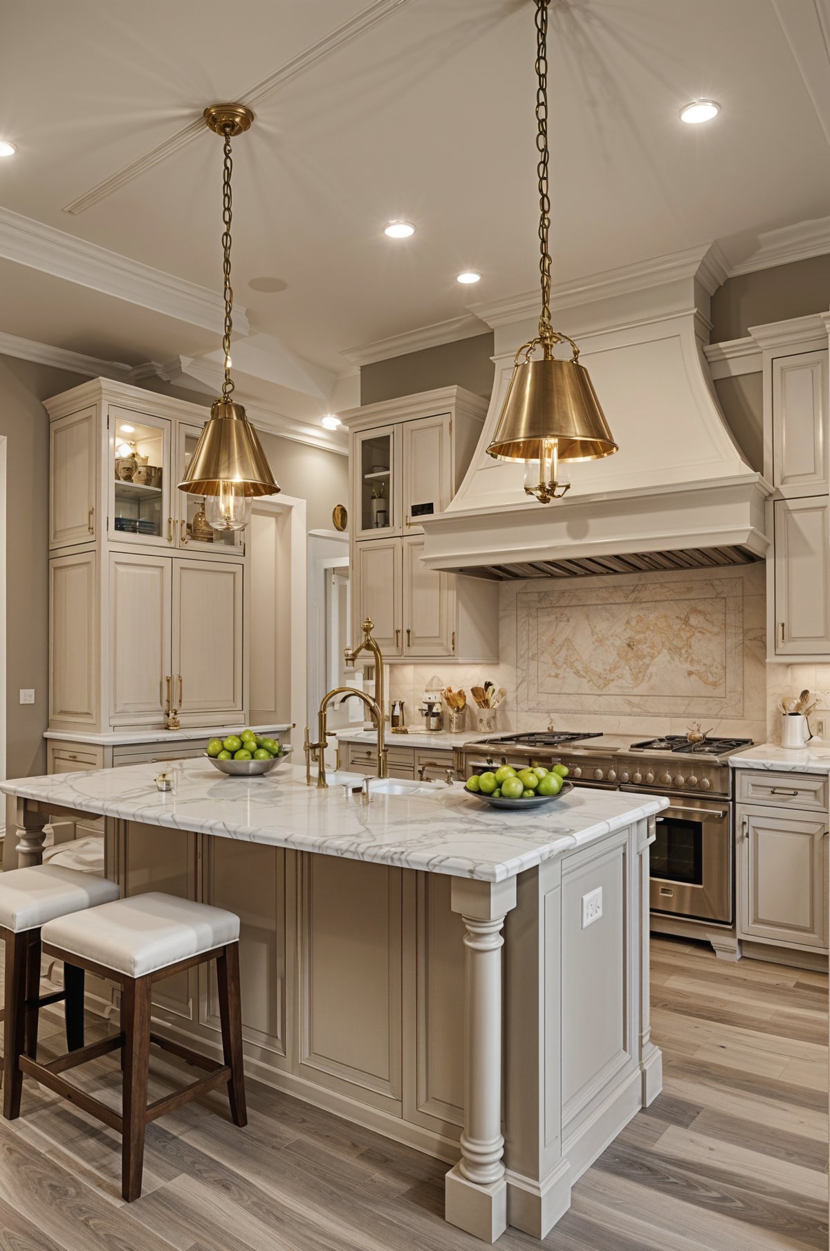 A large kitchen with a center island and a stove top oven. The kitchen is white and gray with a marble countertop. The island has a bowl of fruit on it and a sink. The kitchen is well lit with lights above the counter and hanging from the ceiling.