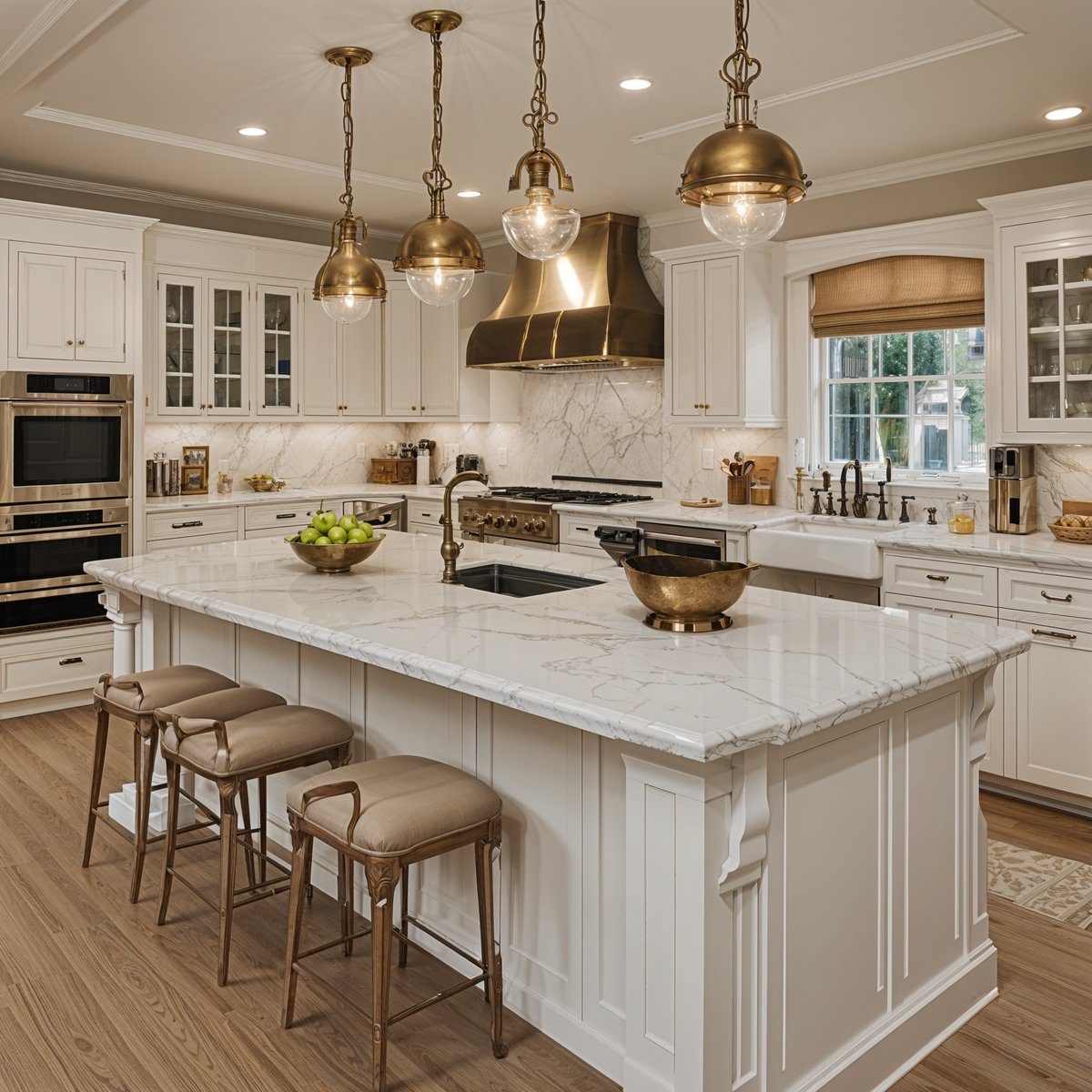 A kitchen with a center island and a breakfast bar. The island has a sink and a bowl of fruit on it.